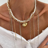 Thumbnail for Stylish Layered Heart Pendant Cross Star Tassel Long Chain Pearl Necklace - ArtGalleryZen