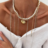 Thumbnail for Stylish Layered Heart Pendant Cross Star Tassel Long Chain Pearl Necklace - ArtGalleryZen