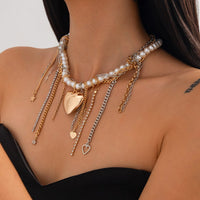 Thumbnail for Stylish Layered Heart Star Tassel Chain Pearl Choker Necklace