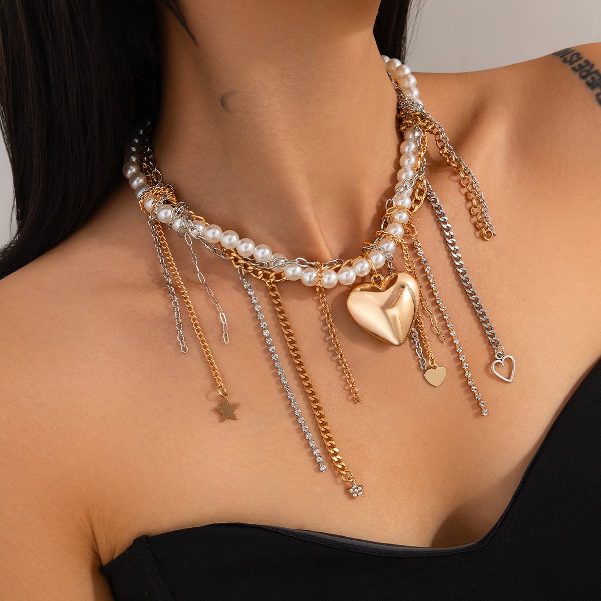 Stylish Layered Heart Star Tassel Chain Pearl Choker Necklace