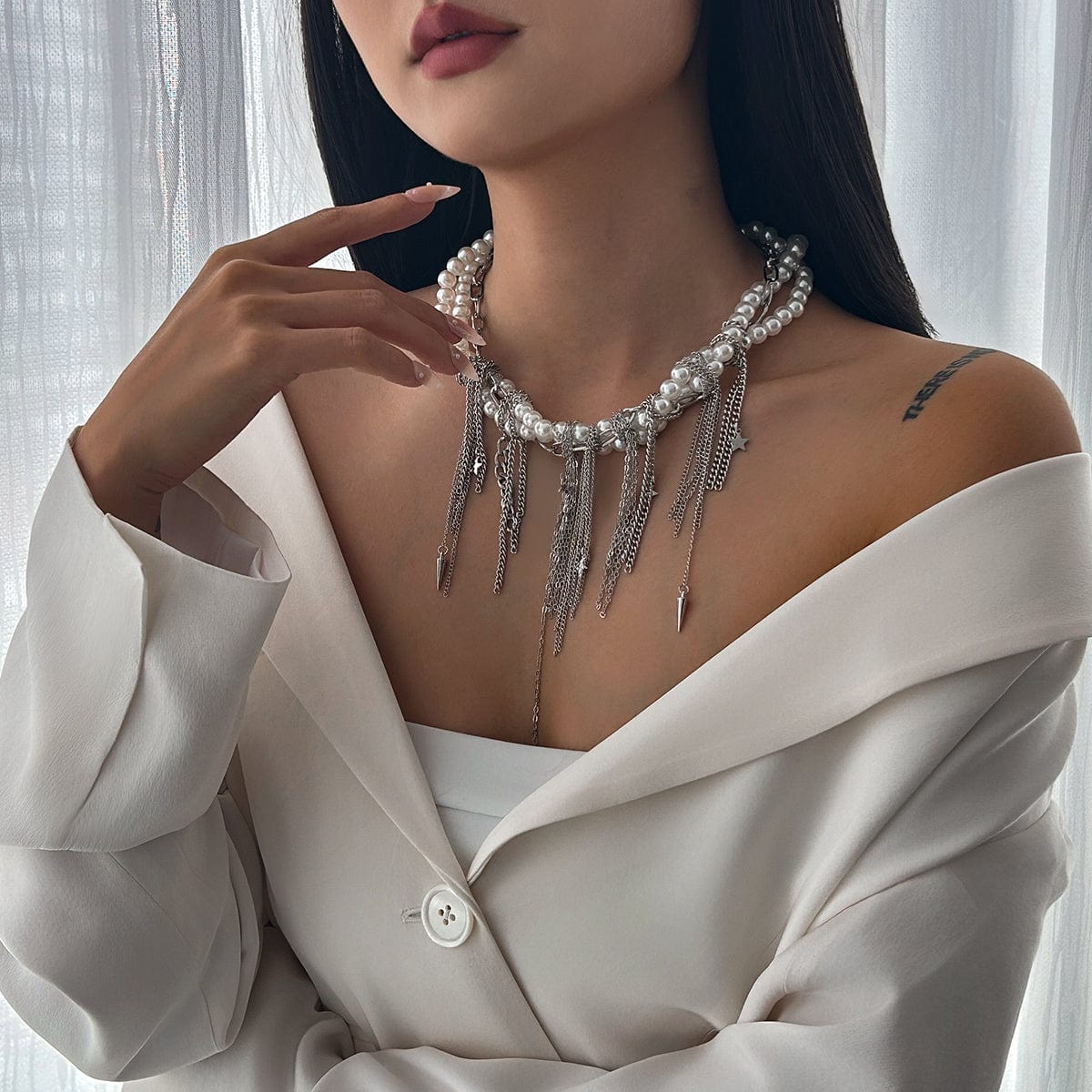 Stylish Layered Moon Star Chain Tassel Pearl Necklace - ArtGalleryZen