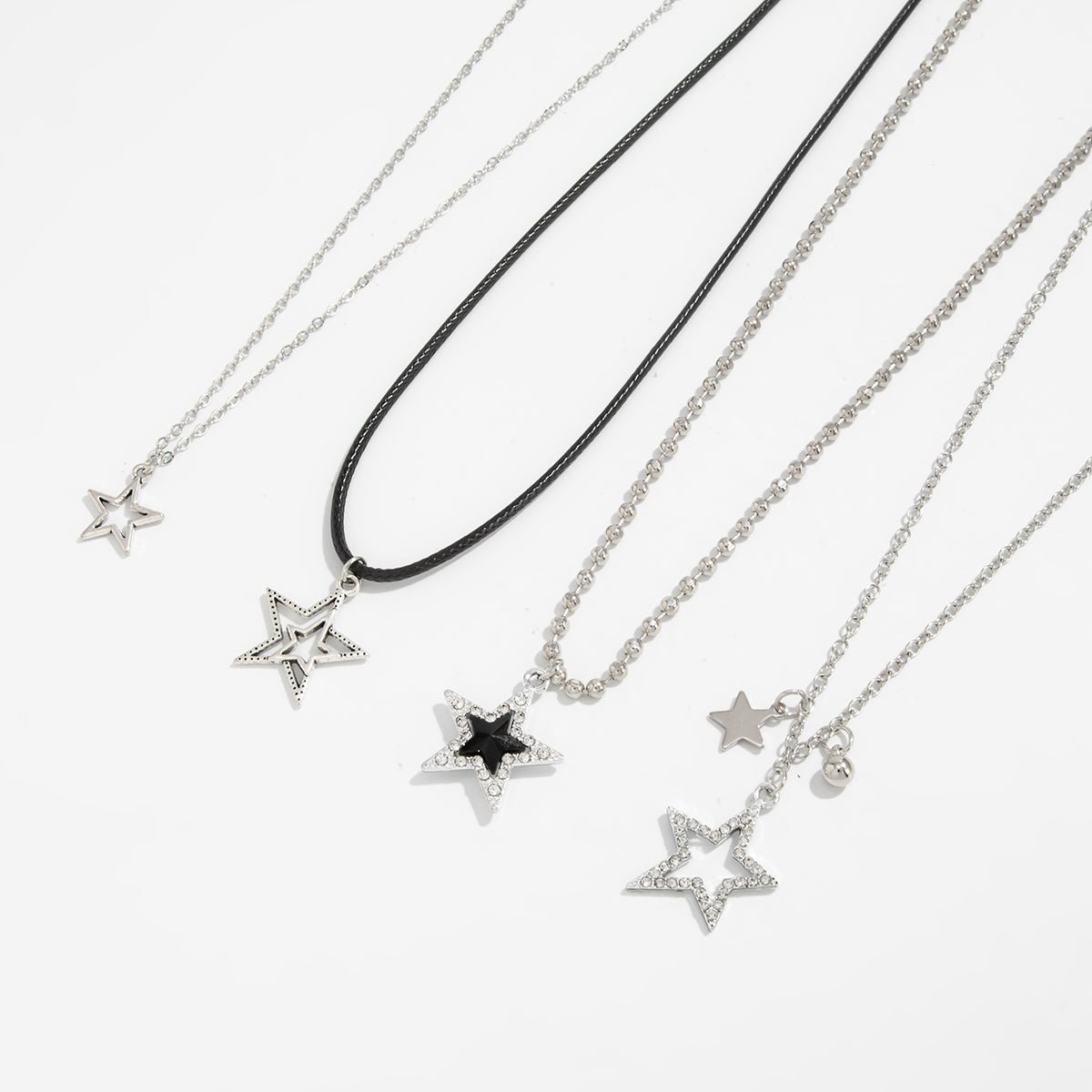 Stylish Layered Rhinestone Inlaid Star Pendant Wax Cord Necklace Set - ArtGalleryZen