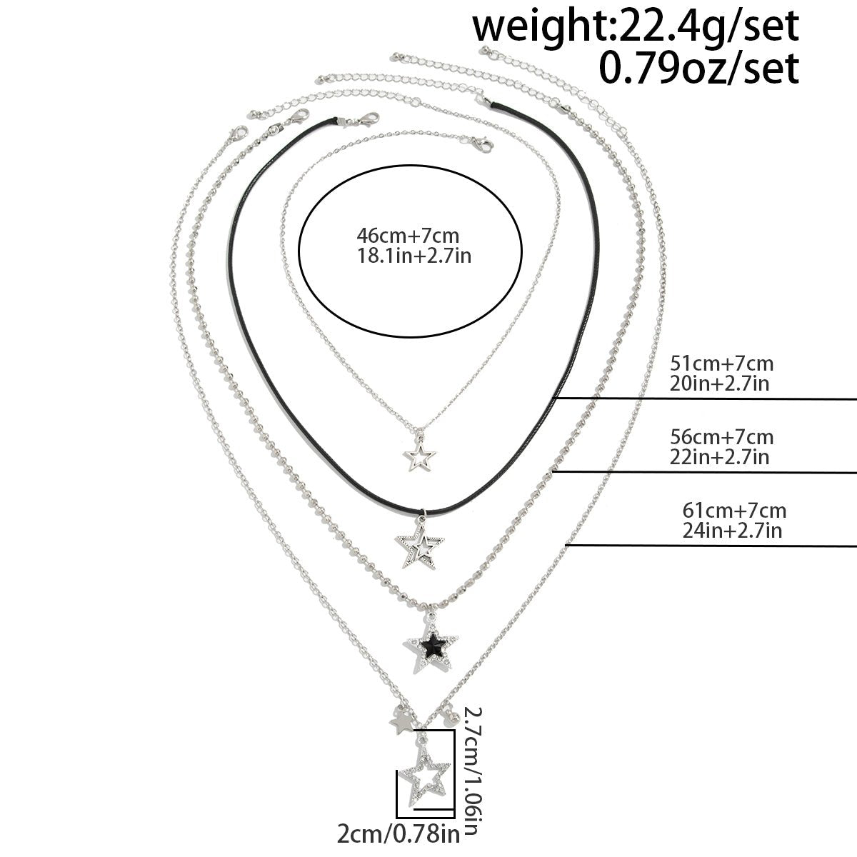 Stylish Layered Rhinestone Inlaid Star Pendant Wax Cord Necklace Set - ArtGalleryZen