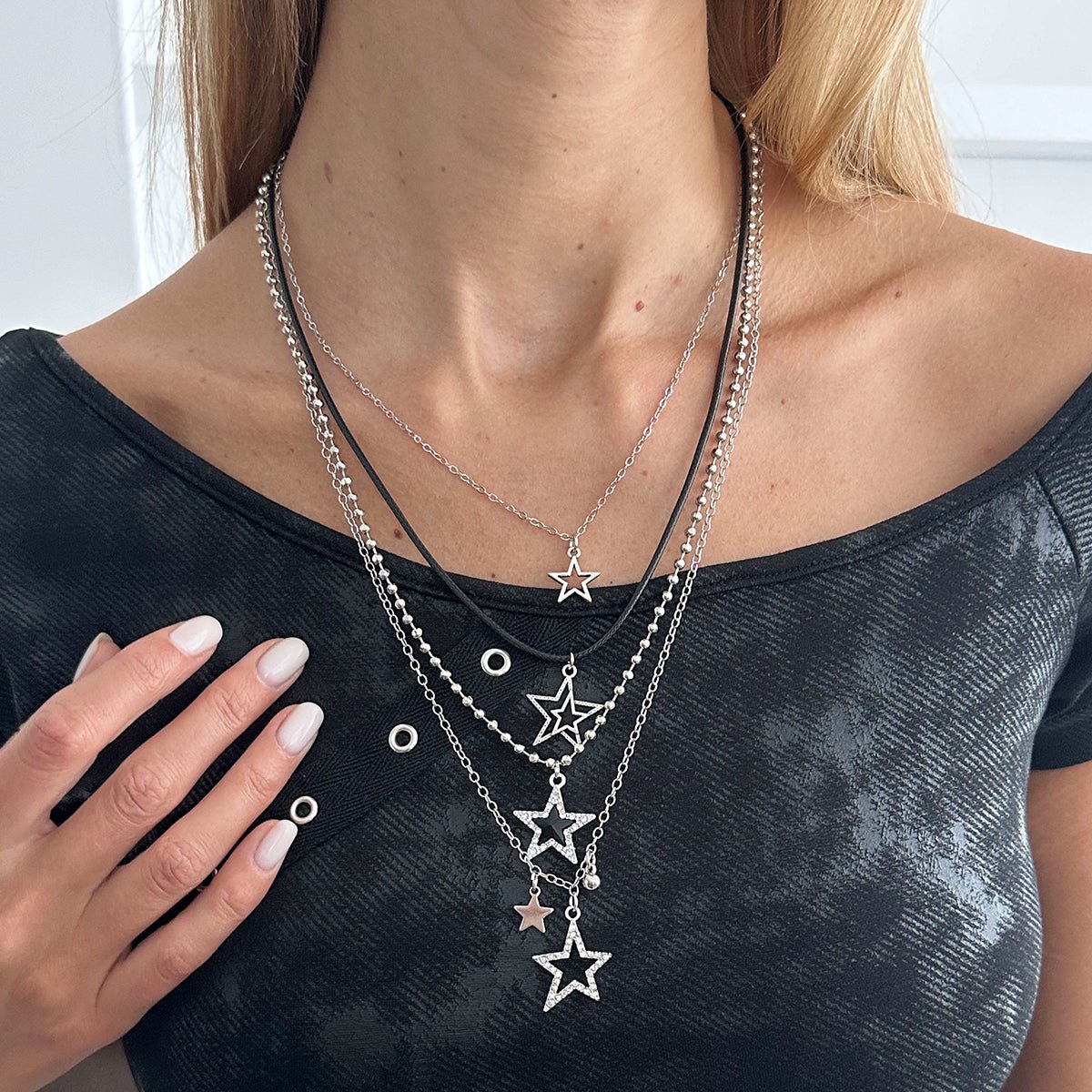 Stylish Layered Rhinestone Inlaid Star Pendant Wax Cord Necklace Set - ArtGalleryZen