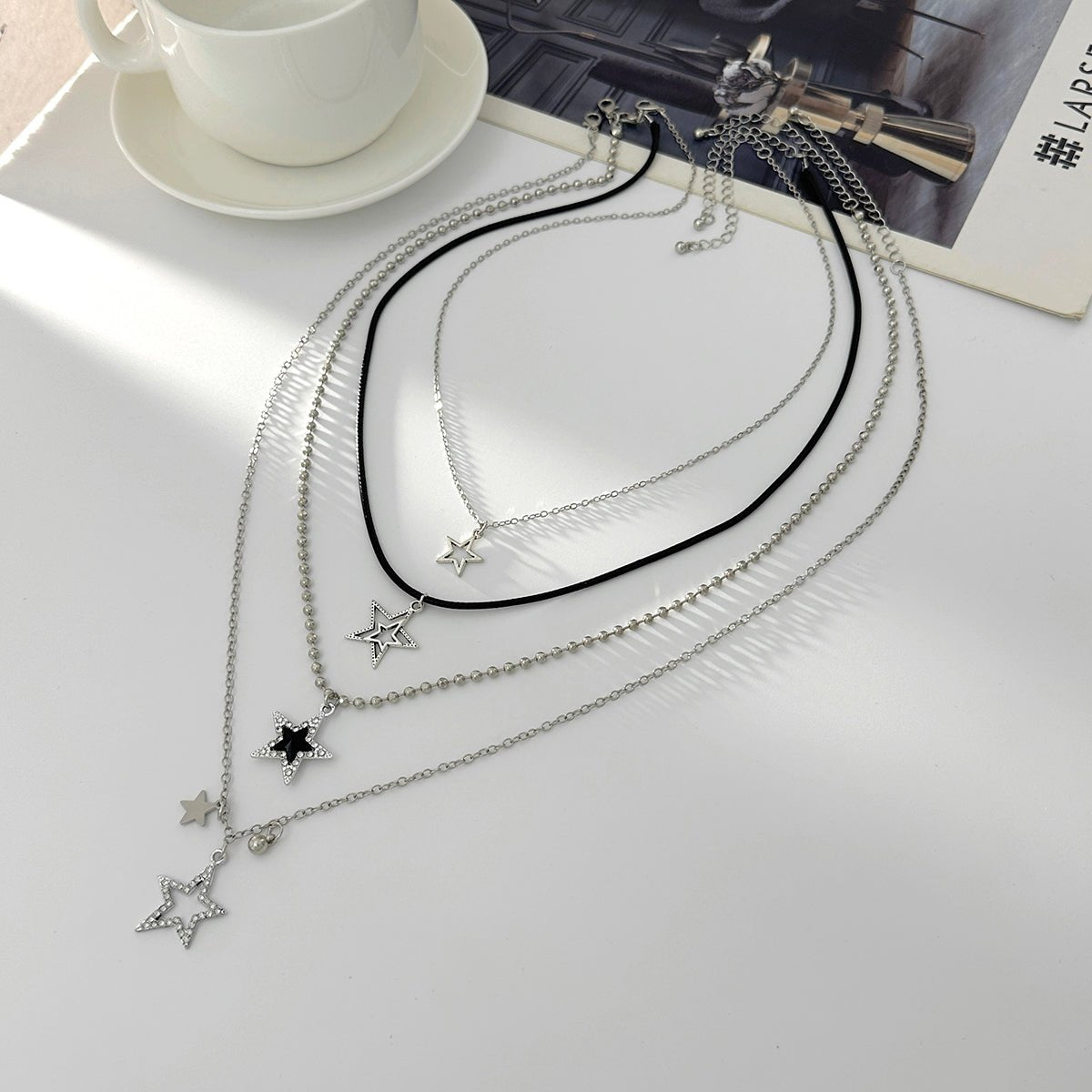 Stylish Layered Rhinestone Inlaid Star Pendant Wax Cord Necklace Set - ArtGalleryZen