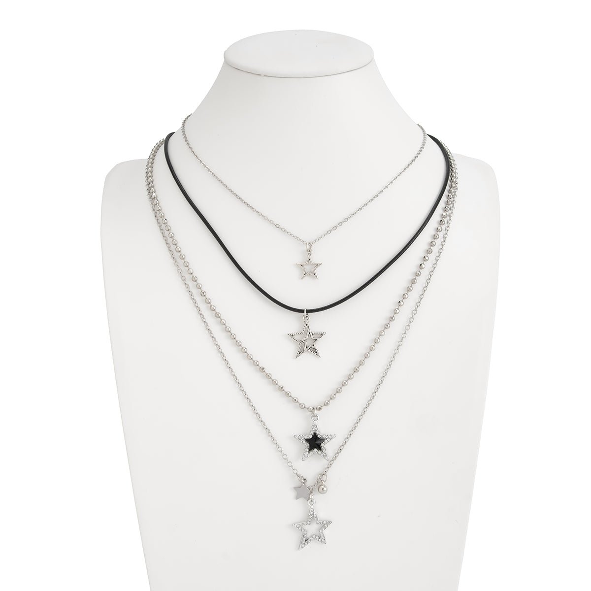 Stylish Layered Rhinestone Inlaid Star Pendant Wax Cord Necklace Set - ArtGalleryZen