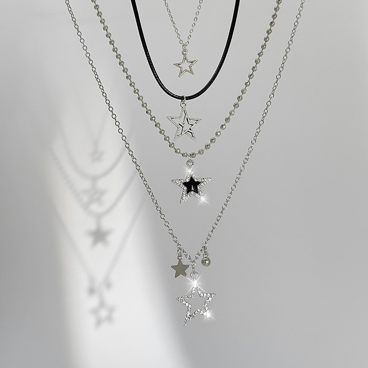 Stylish Layered Rhinestone Inlaid Star Pendant Wax Cord Necklace Set - ArtGalleryZen
