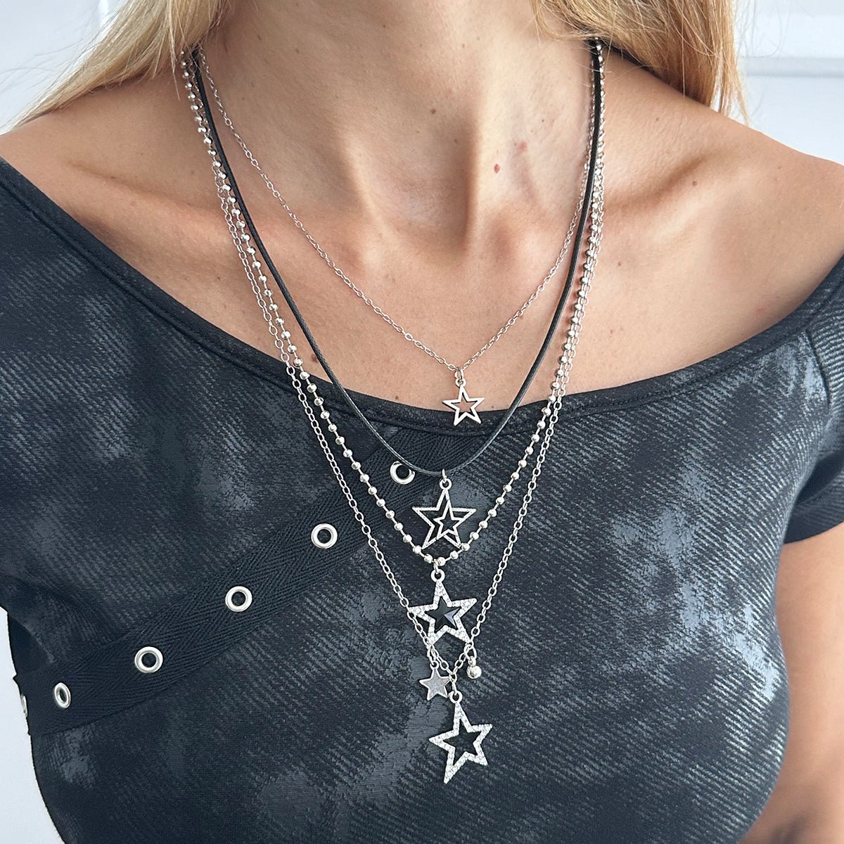 Stylish Layered Rhinestone Inlaid Star Pendant Wax Cord Necklace Set - ArtGalleryZen