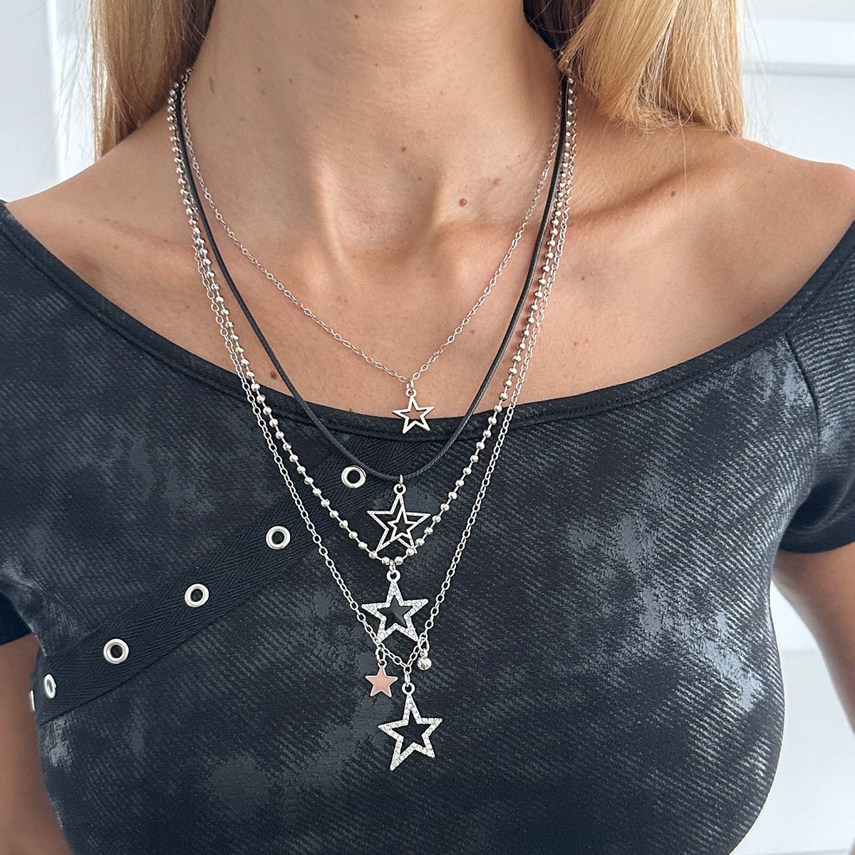 Stylish Layered Rhinestone Inlaid Star Pendant Wax Cord Necklace Set - ArtGalleryZen