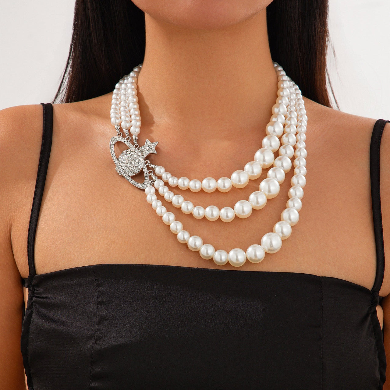 Stylish Layering Rhinestone Inlaid Saturn Charm Pearl Chain Necklace - ArtGalleryZen