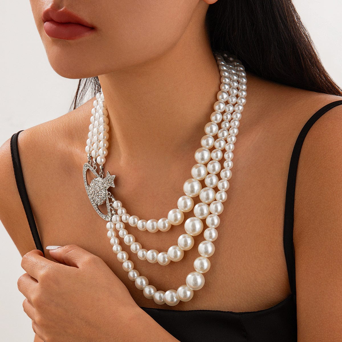 Stylish Layering Rhinestone Inlaid Saturn Charm Pearl Chain Necklace - ArtGalleryZen