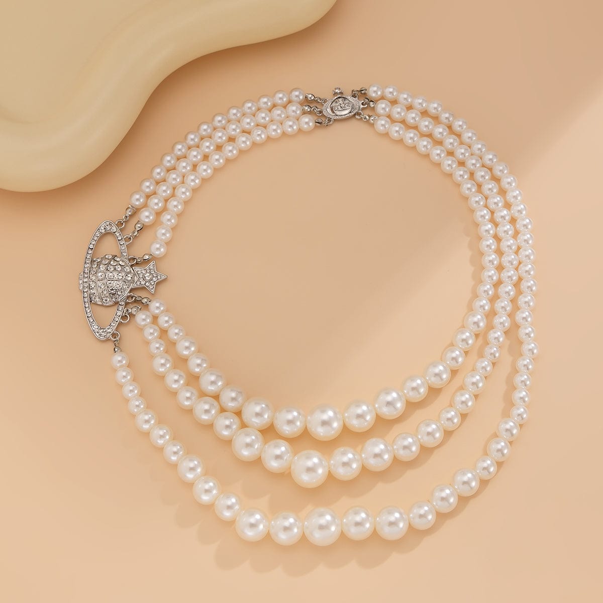 Stylish Layering Rhinestone Inlaid Saturn Charm Pearl Chain Necklace