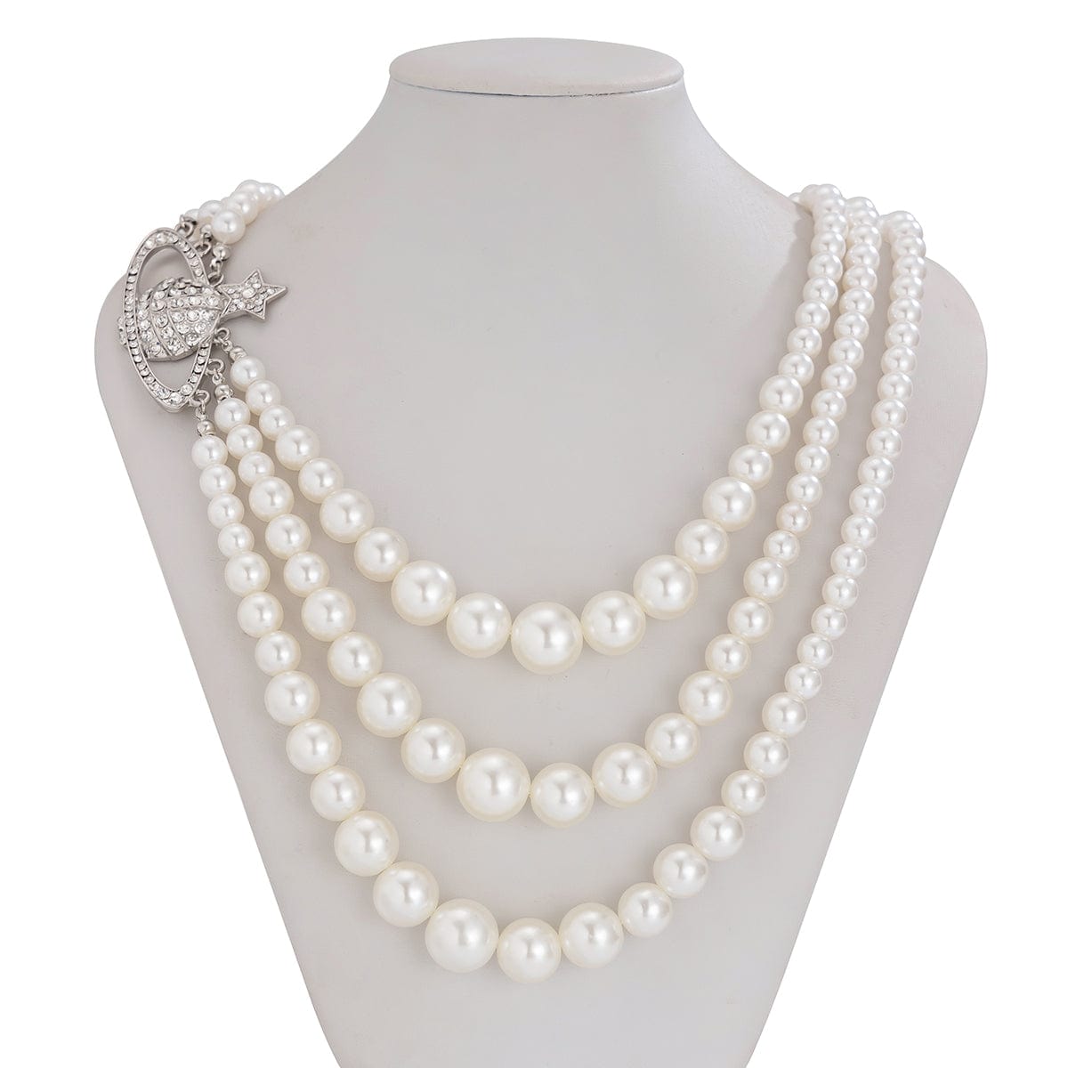 Stylish Layering Rhinestone Inlaid Saturn Charm Pearl Chain Necklace