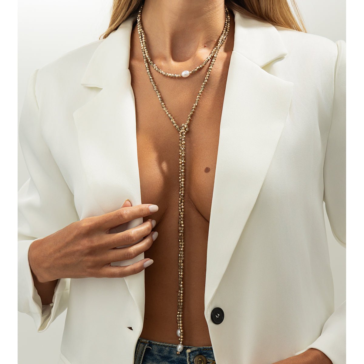 Stylish Pearl Crystal Beaded Long Chain Necklace - ArtGalleryZen