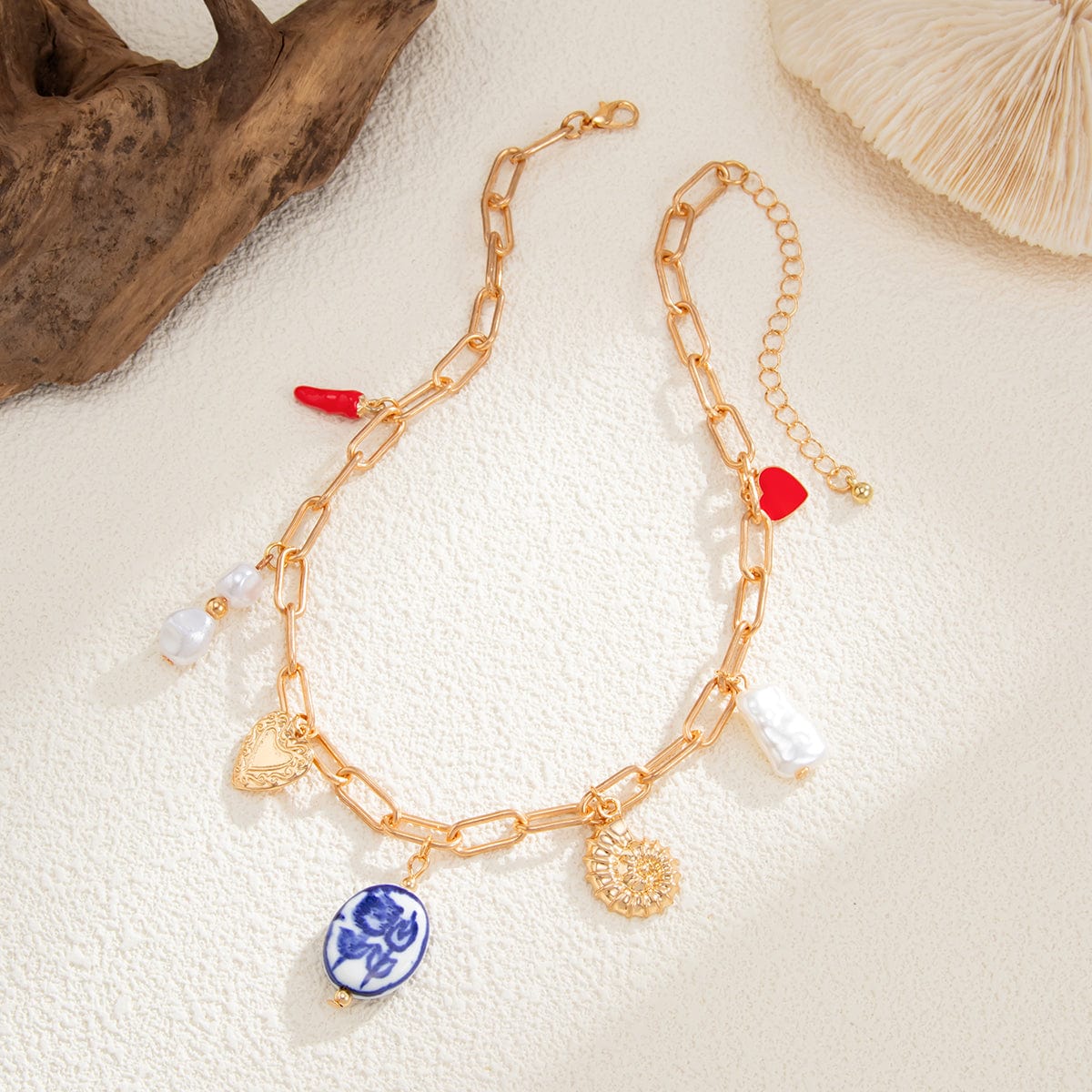 Stylish Pearl Heart Ceramics Pendant Cable Chain Necklace - ArtGalleryZen