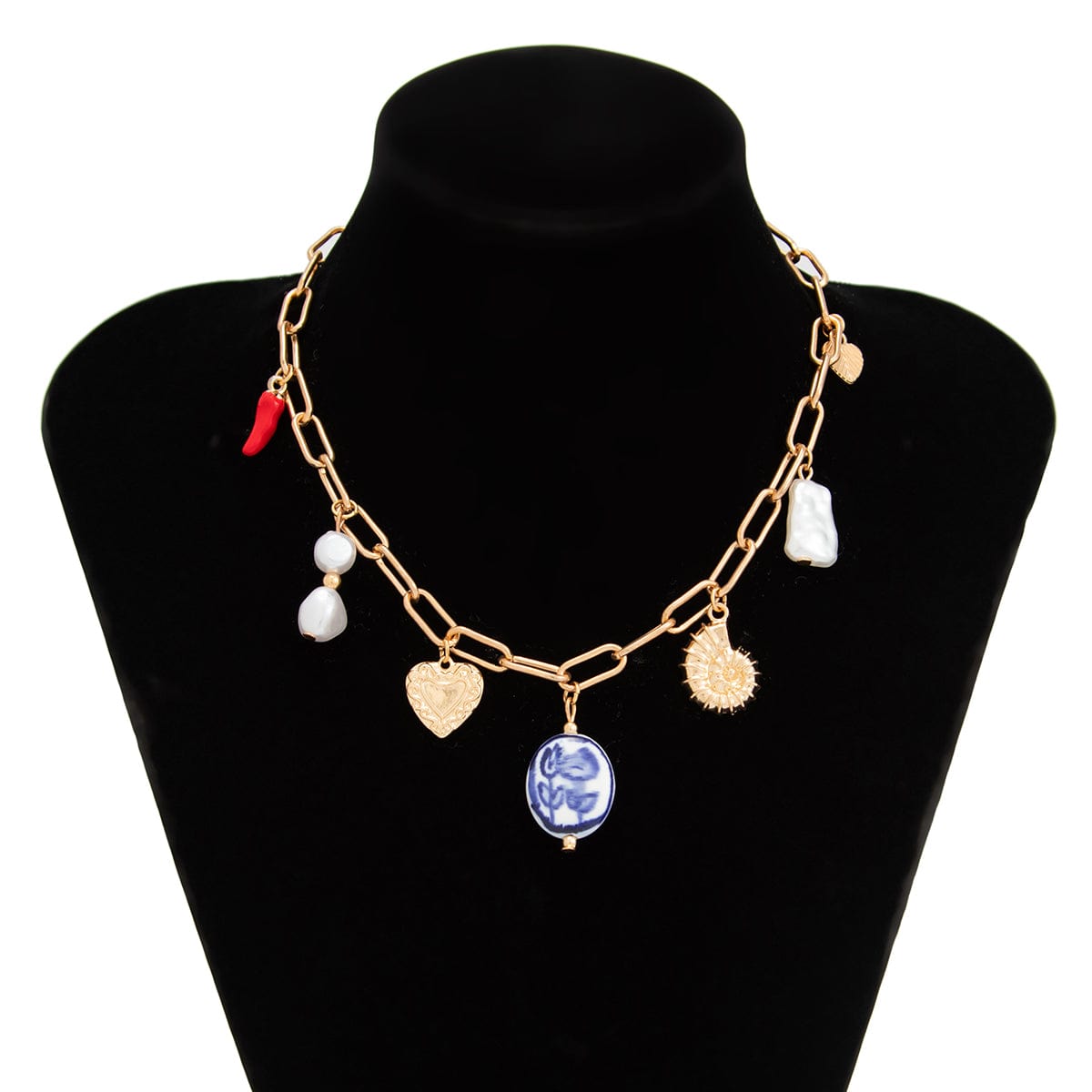 Stylish Pearl Heart Ceramics Pendant Cable Chain Necklace - ArtGalleryZen