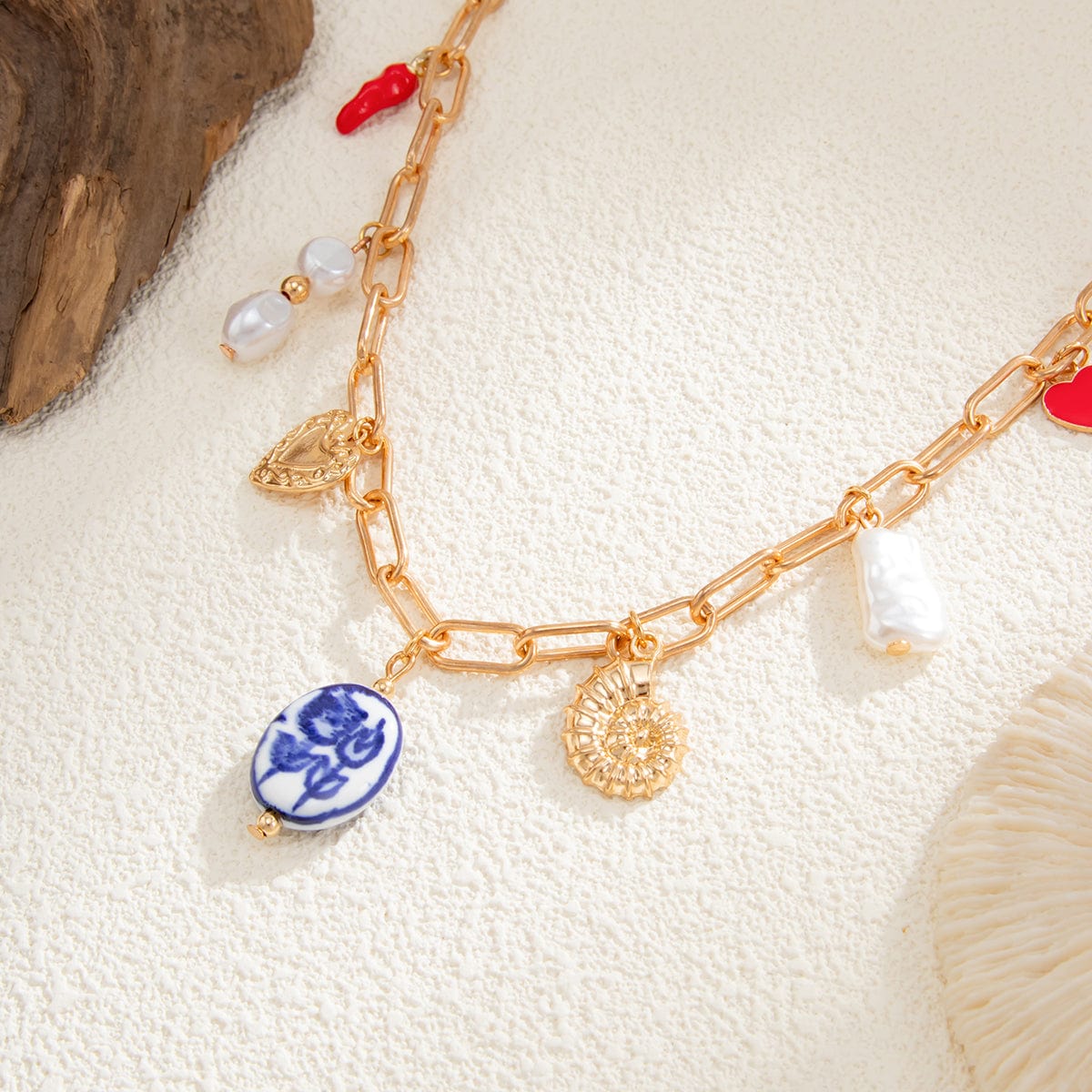 Stylish Pearl Heart Ceramics Pendant Cable Chain Necklace - ArtGalleryZen