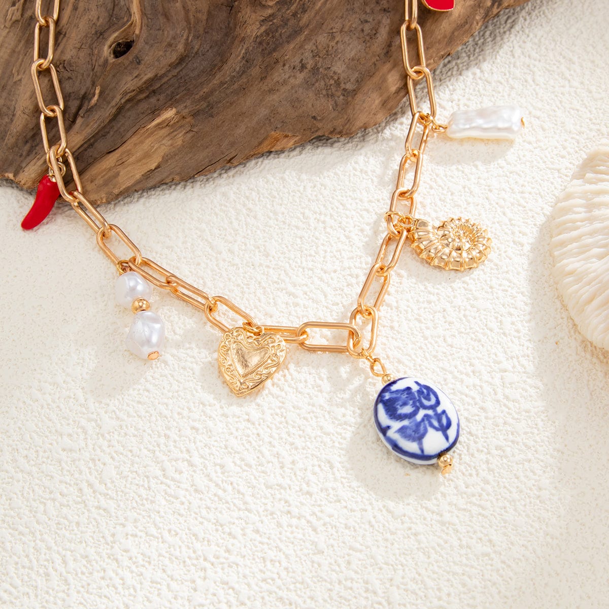 Stylish Pearl Heart Ceramics Pendant Cable Chain Necklace - ArtGalleryZen