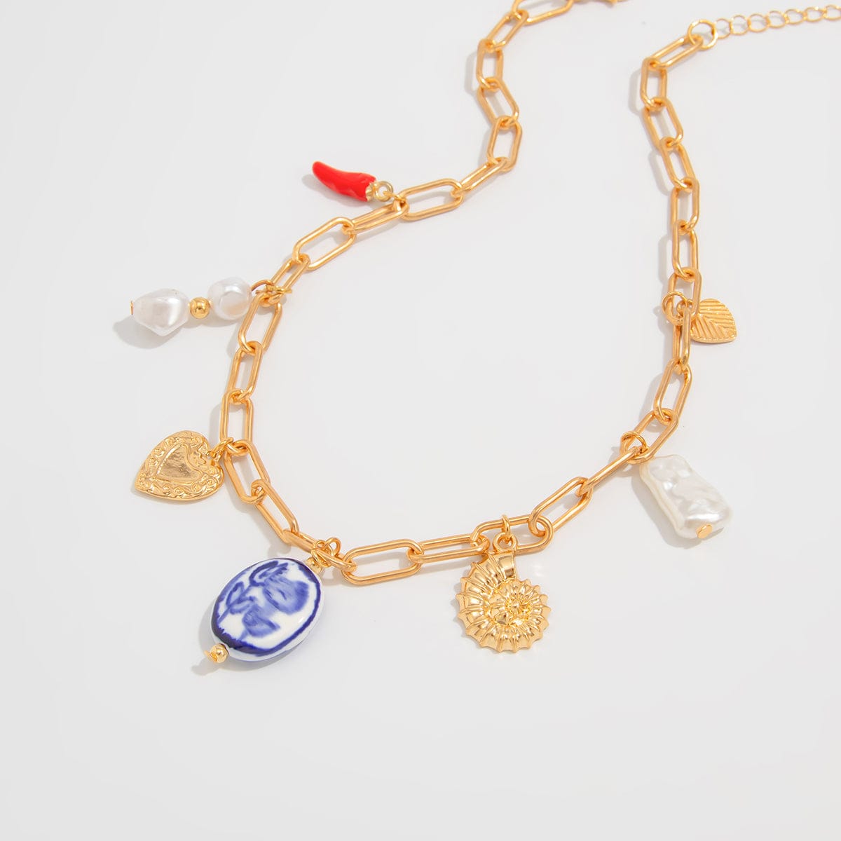 Stylish Pearl Heart Ceramics Pendant Cable Chain Necklace - ArtGalleryZen