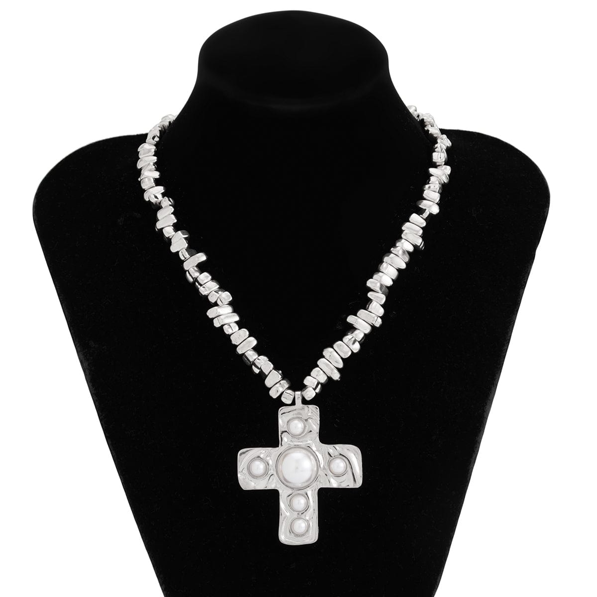 Stylish Pearl Inlaid Cross Pendant Irregular Beaded Chain Choker Necklace - ArtGalleryZen