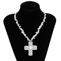 Thumbnail for Stylish Pearl Inlaid Cross Pendant Irregular Beaded Chain Choker Necklace - ArtGalleryZen