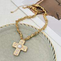 Thumbnail for Stylish Pearl Inlaid Cross Pendant Irregular Beaded Chain Choker Necklace - ArtGalleryZen