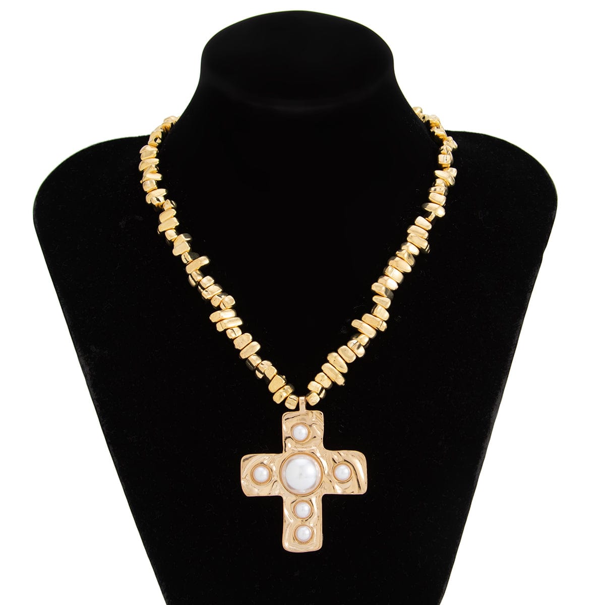 Stylish Pearl Inlaid Cross Pendant Irregular Beaded Chain Choker Necklace - ArtGalleryZen