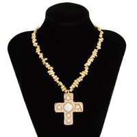 Thumbnail for Stylish Pearl Inlaid Cross Pendant Irregular Beaded Chain Choker Necklace - ArtGalleryZen