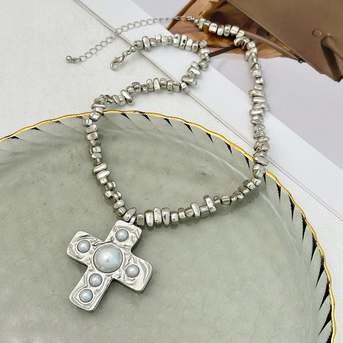 Stylish Pearl Inlaid Cross Pendant Irregular Beaded Chain Choker Necklace - ArtGalleryZen
