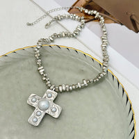 Thumbnail for Stylish Pearl Inlaid Cross Pendant Irregular Beaded Chain Choker Necklace - ArtGalleryZen