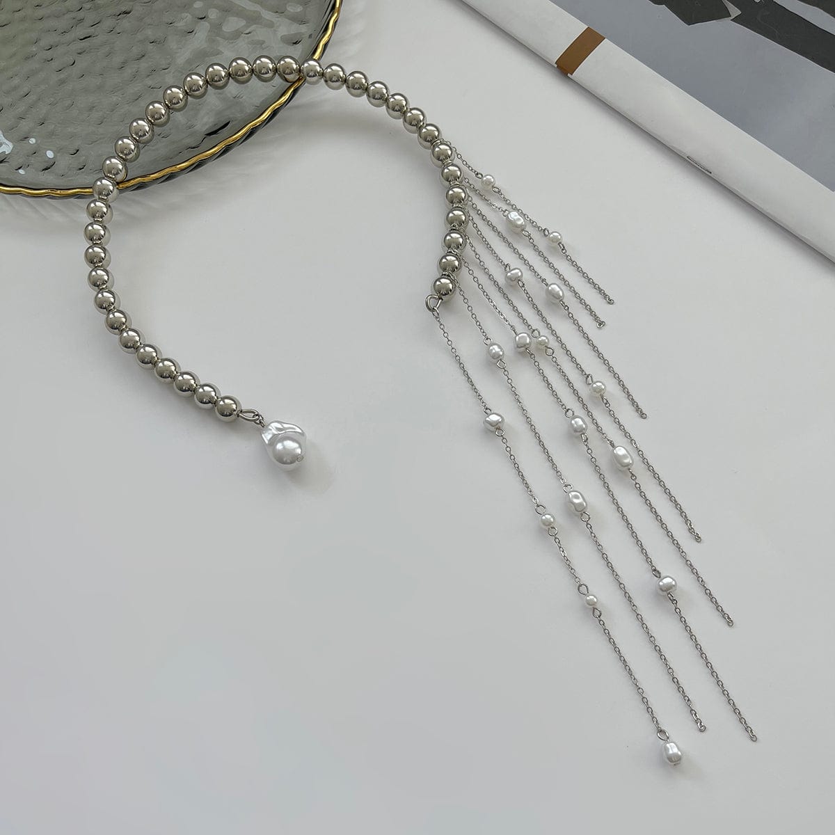 Stylish Pearl Tassel Ball Chain Open Collar Choker Necklace - ArtGalleryZen