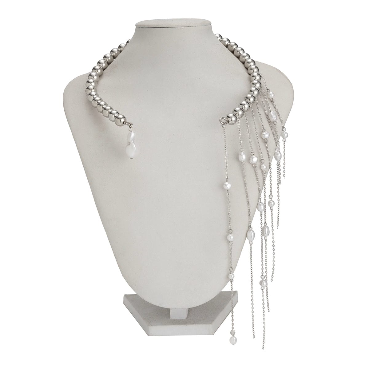 Stylish Pearl Tassel Ball Chain Open Collar Choker Necklace - ArtGalleryZen