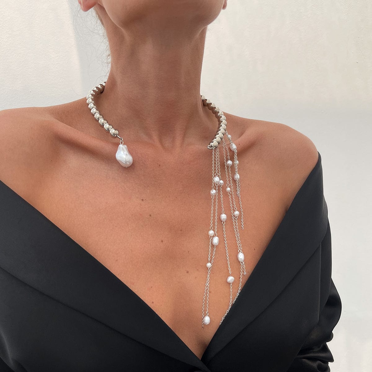Stylish Pearl Tassel Ball Chain Open Collar Choker Necklace - ArtGalleryZen