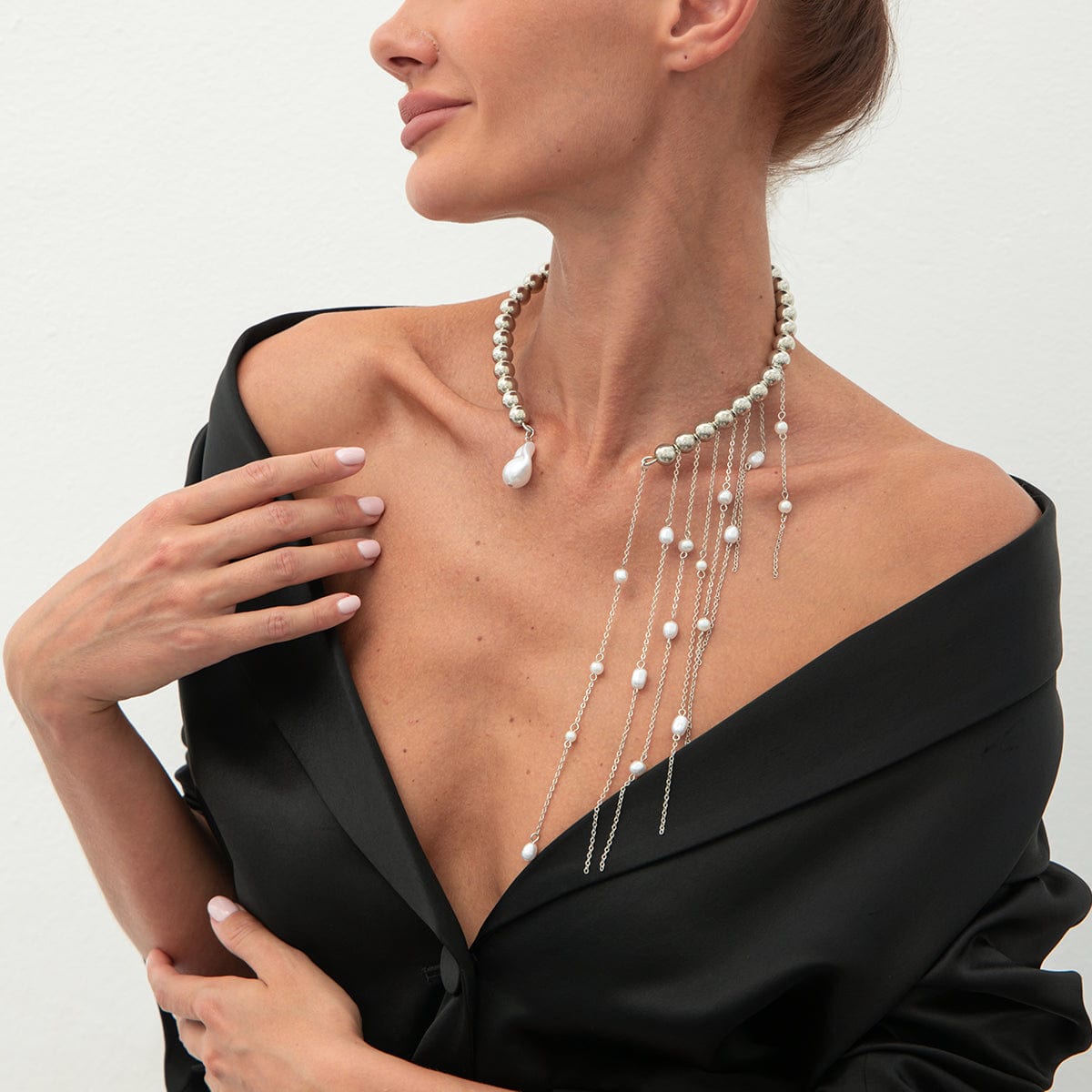 Stylish Pearl Tassel Ball Chain Open Collar Choker Necklace - ArtGalleryZen