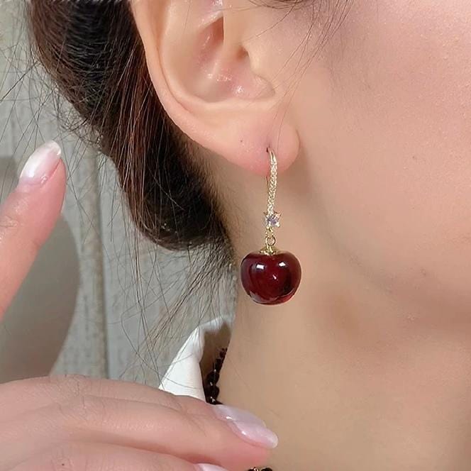 Stylish Red Cherry Dangle CZ Inliad Earrings