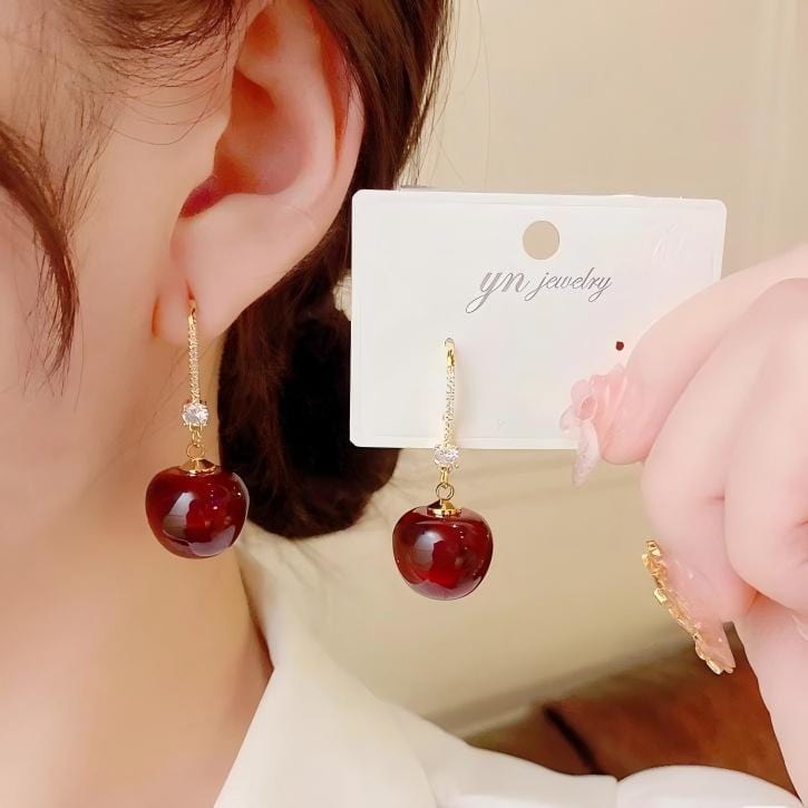 Stylish Red Cherry Dangle CZ Inliad Earrings