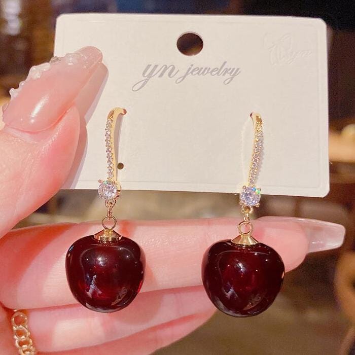 Stylish Red Cherry Dangle CZ Inliad Earrings