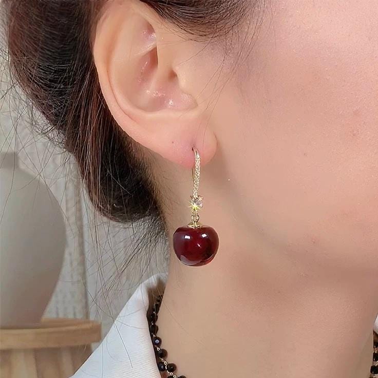 Stylish Red Cherry Dangle CZ Inliad Earrings