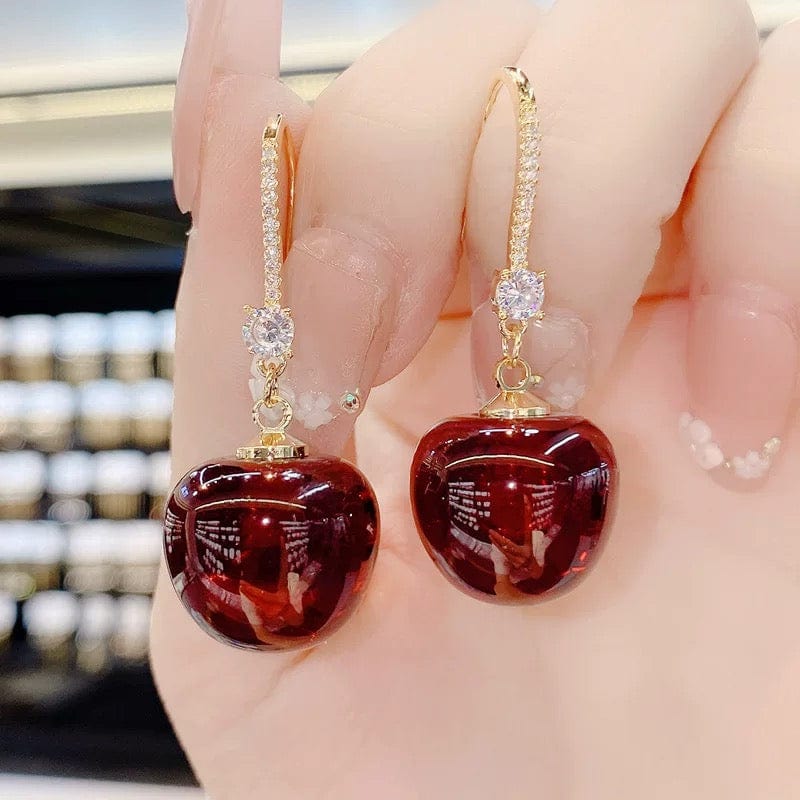 Stylish Red Cherry Dangle CZ Inliad Earrings