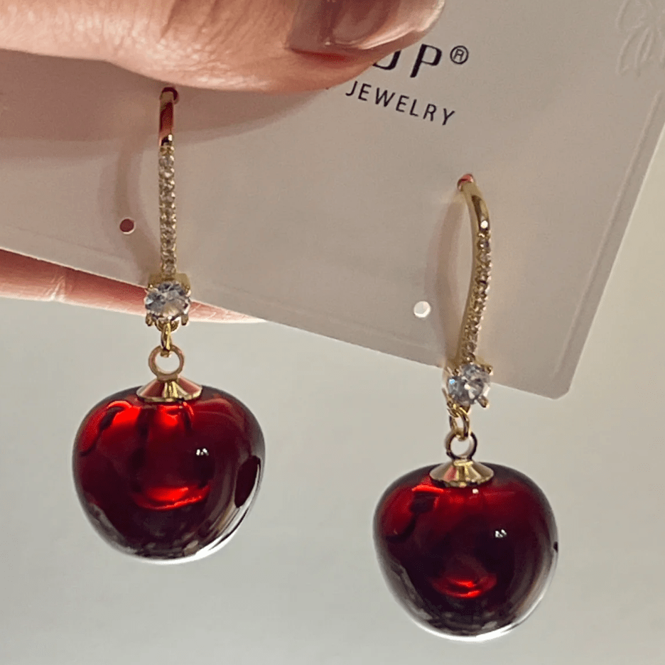 Stylish Red Cherry Dangle CZ Inliad Earrings