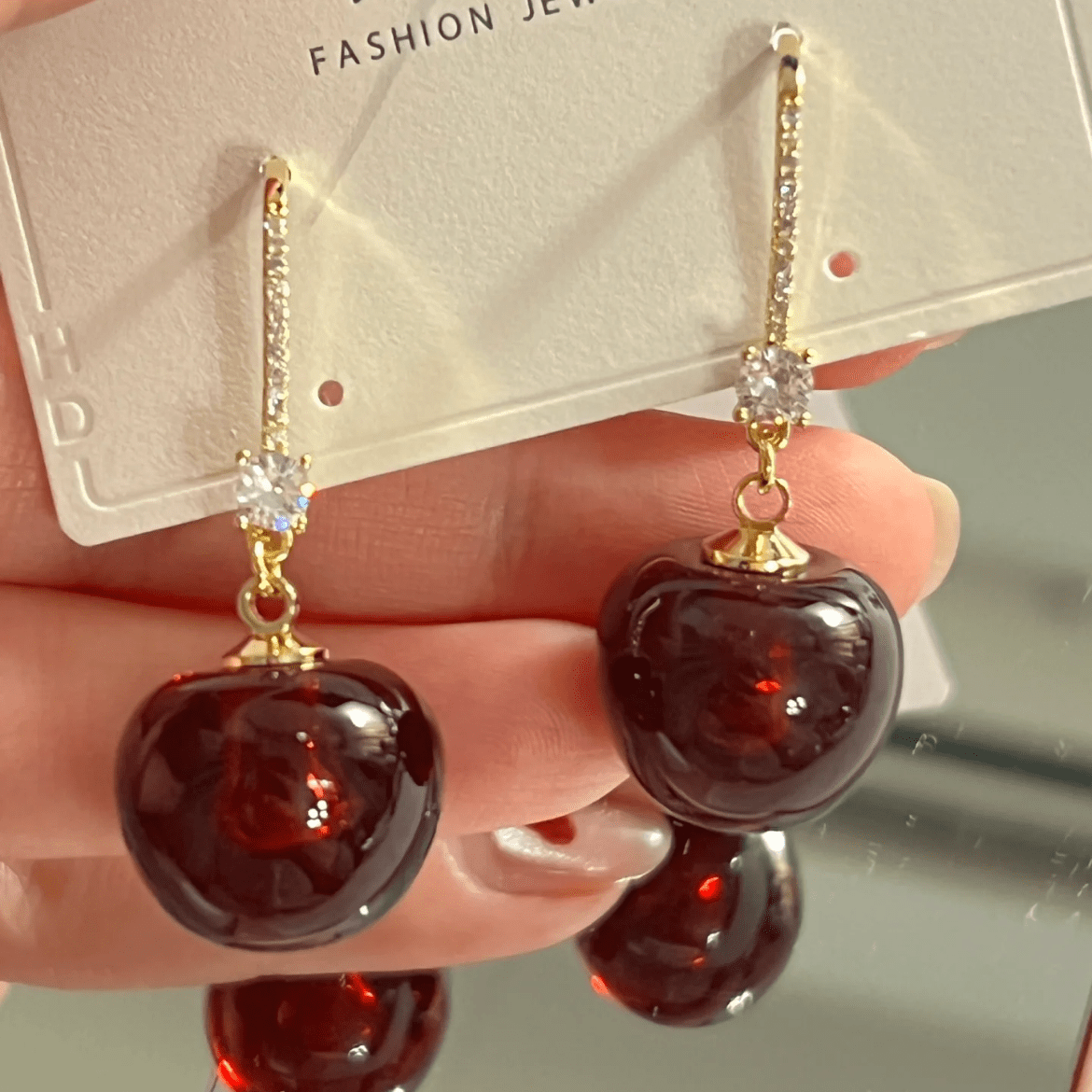 Stylish Red Cherry Dangle CZ Inliad Earrings