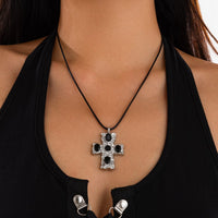 Thumbnail for Stylish Rhinestone Inlaid Cross Pendant Wax Cord Necklace