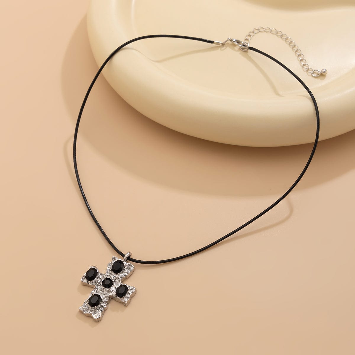 Stylish Rhinestone Inlaid Cross Pendant Wax Cord Necklace