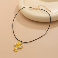 Thumbnail for Stylish Rhinestone Inlaid Cross Pendant Wax Cord Necklace