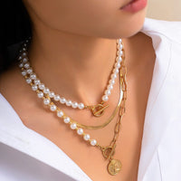 Thumbnail for Stylish Toggle Clasp Relief Round Disk Pendant Pearl Snake Chain Necklace Set