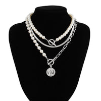 Thumbnail for Stylish Toggle Clasp Relief Round Disk Pendant Pearl Snake Chain Necklace Set