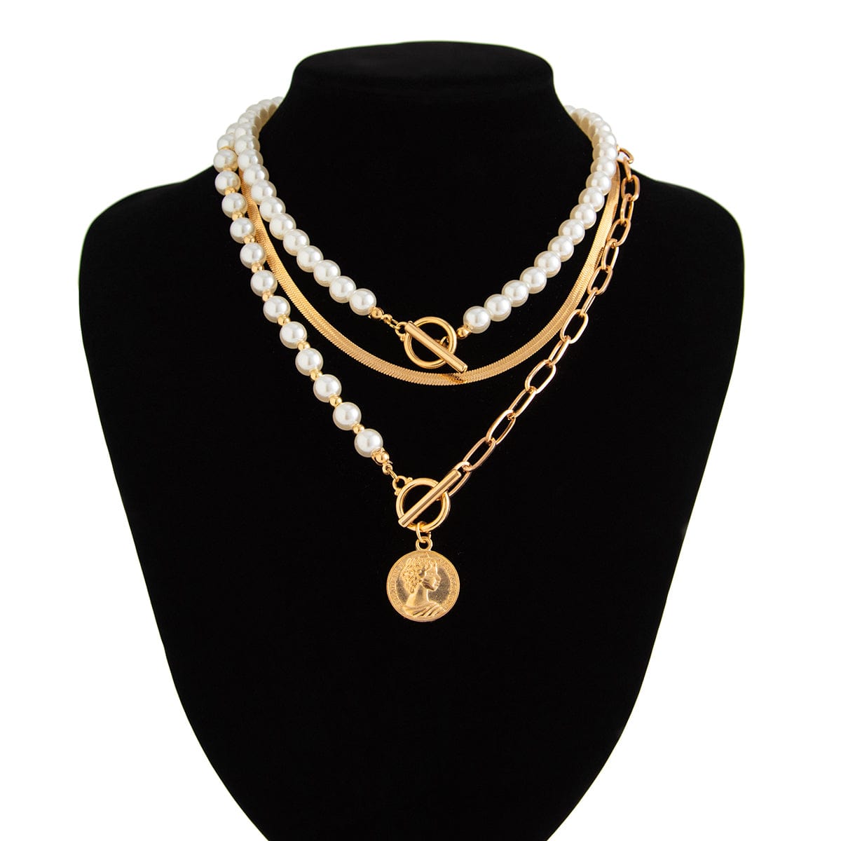 Stylish Toggle Clasp Relief Round Disk Pendant Pearl Snake Chain Necklace Set