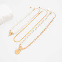 Thumbnail for Stylish Toggle Clasp Relief Round Disk Pendant Pearl Snake Chain Necklace Set