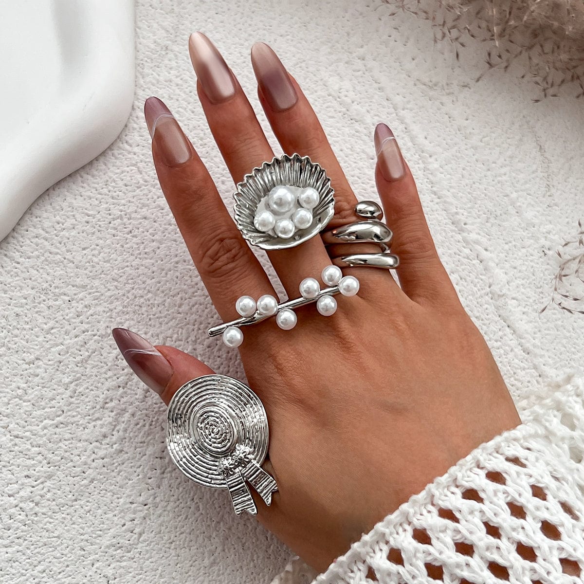 Stylish Twisted Hat Pearl Double Finger Ring Set