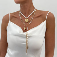 Thumbnail for Summer Beach Style Layered Conch Cross Pendant Pearl Chain Y Necklace Set - ArtGalleryZen
